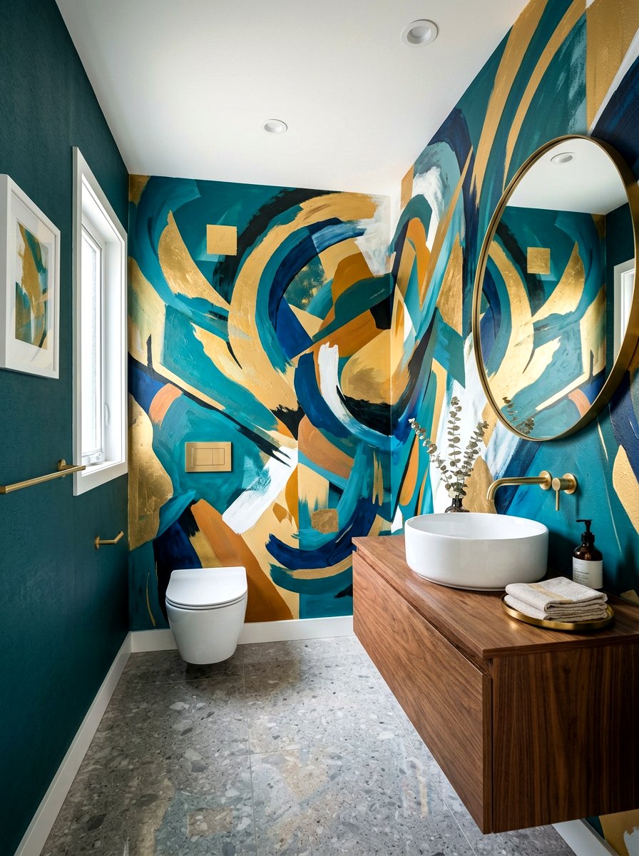 Bold Abstract Mural - 30 deep teal powder room ideas
