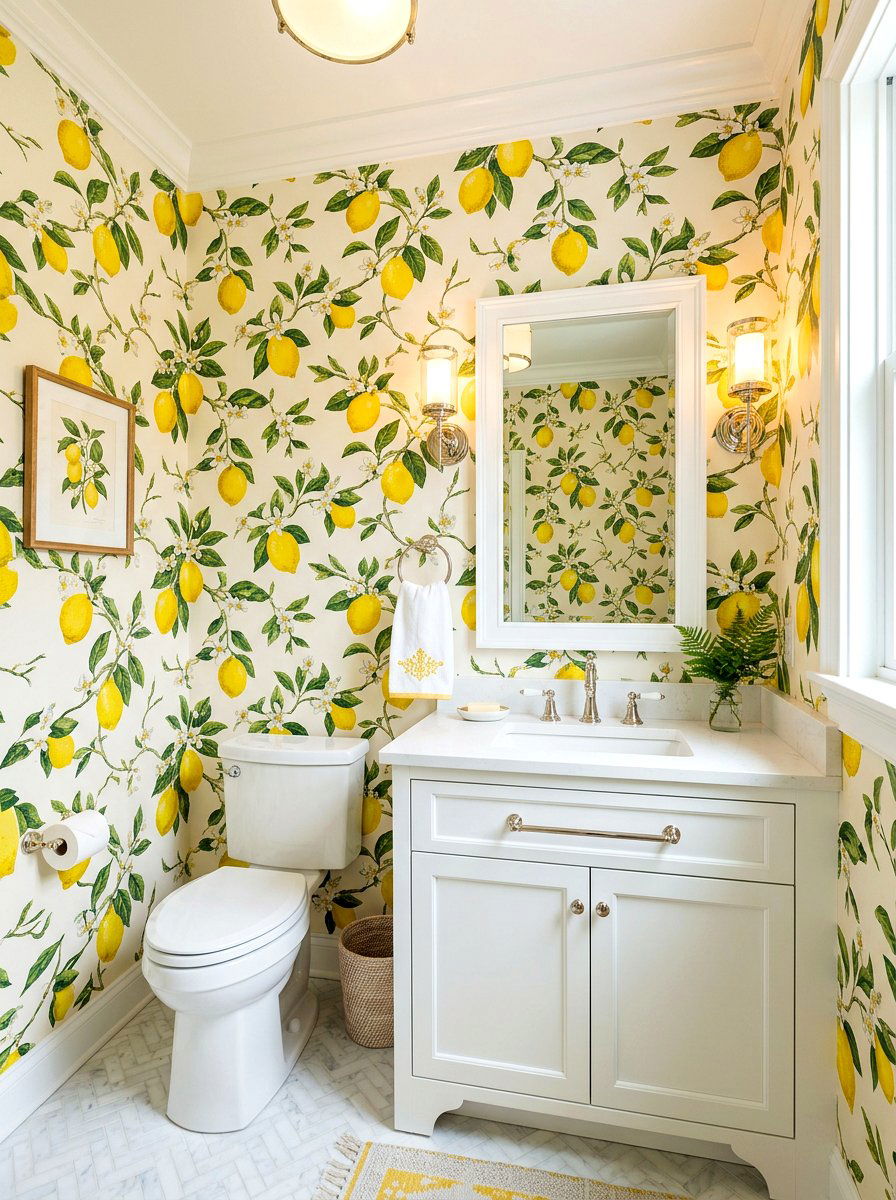 Bold Citron Floral Wallpaper - 30 wallpapered powder room ideas