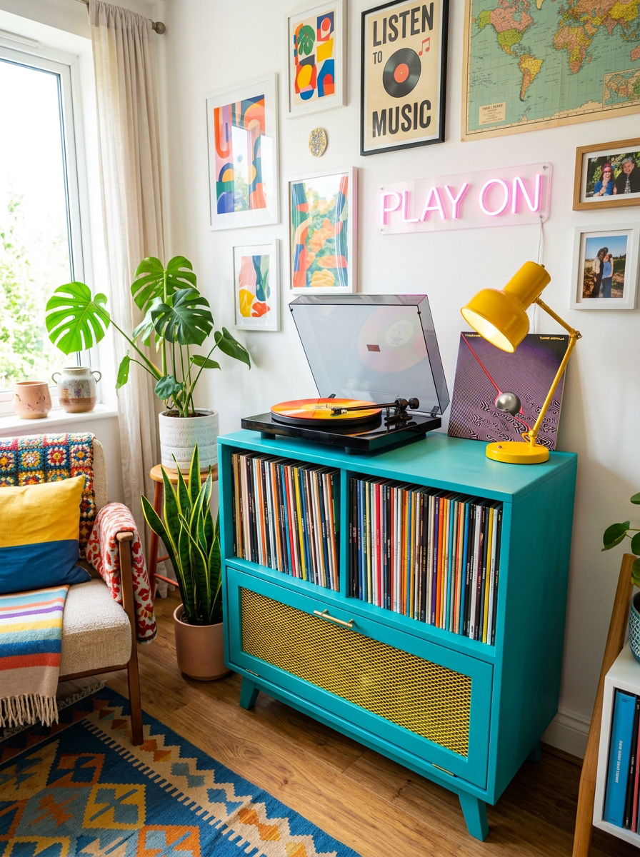 Bold Colorful Record Player Stand - 30 vinyl listening corner ideas