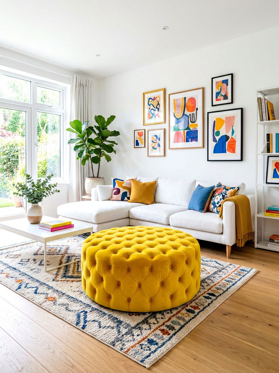 Bold Contrast Color Ottoman - 30 living room ottoman styling ideas