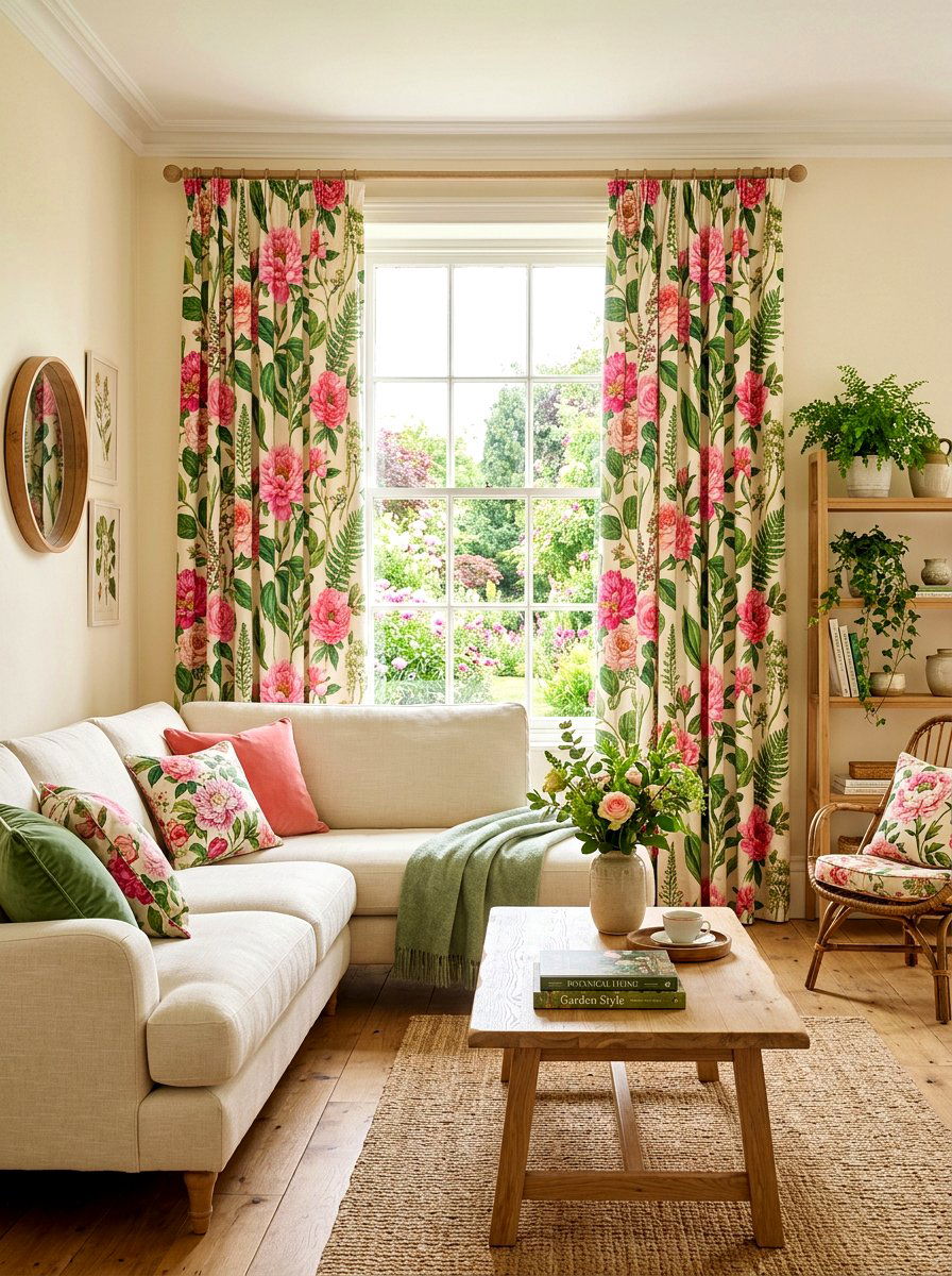 Bold Floral Print Drapes - 30 dramatic drapery living room ideas