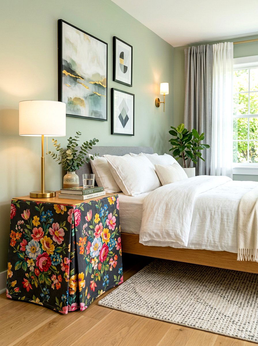 Bold Floral Print Nightstand - 30 skirted nightstand ideas