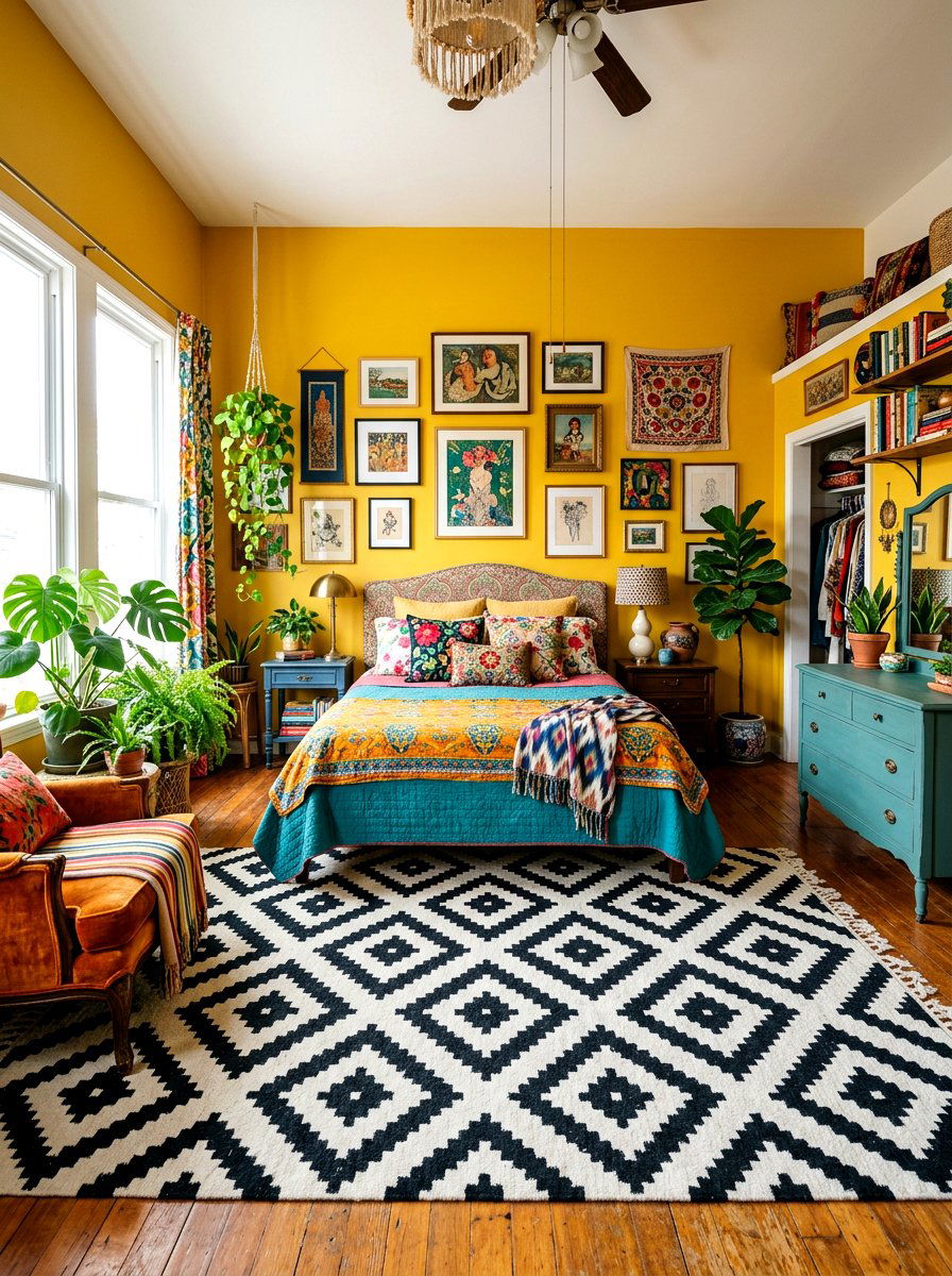 Bold Geometric Rug - 30 maximalist bedroom ideas