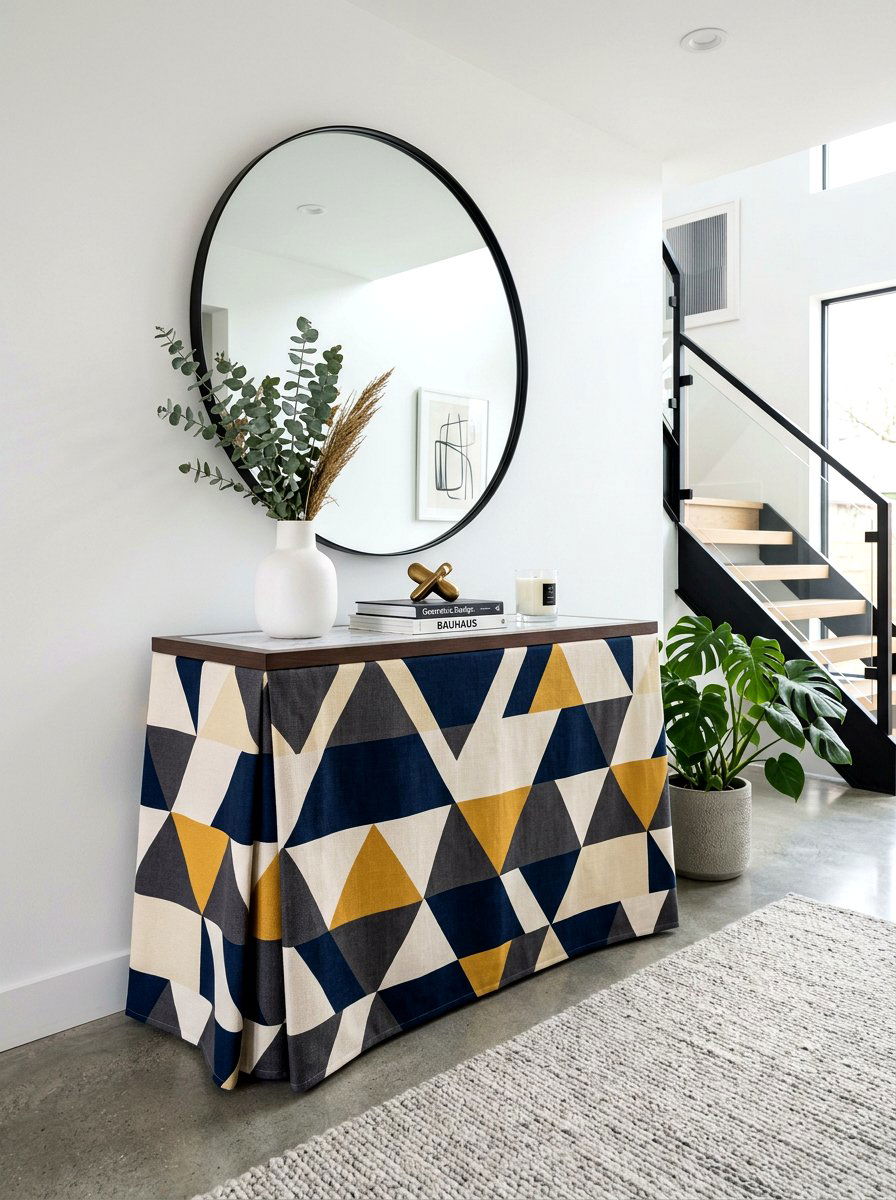 Bold Geometric Skirted Table - 30 skirted foyer table ideas