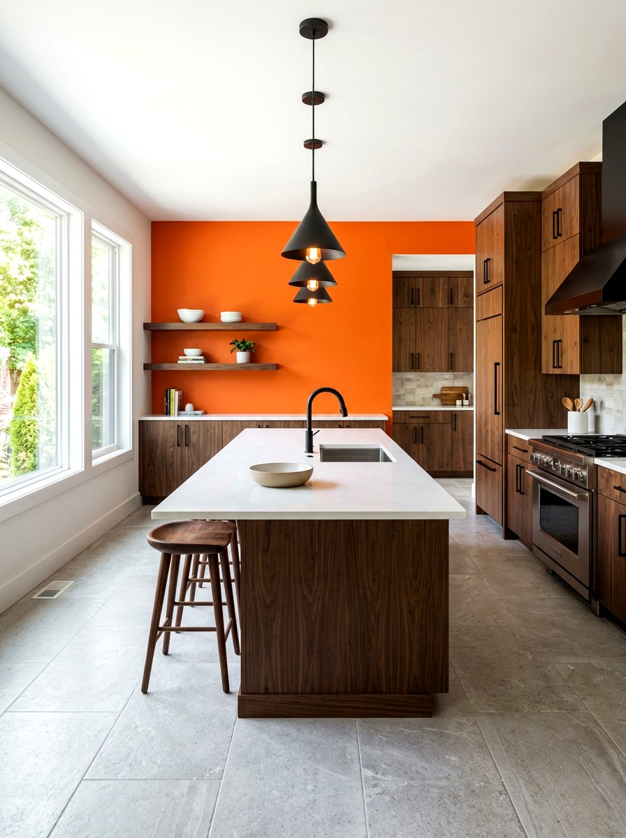 Bold Orange Accent Wall - 30 retro kitchen ideas