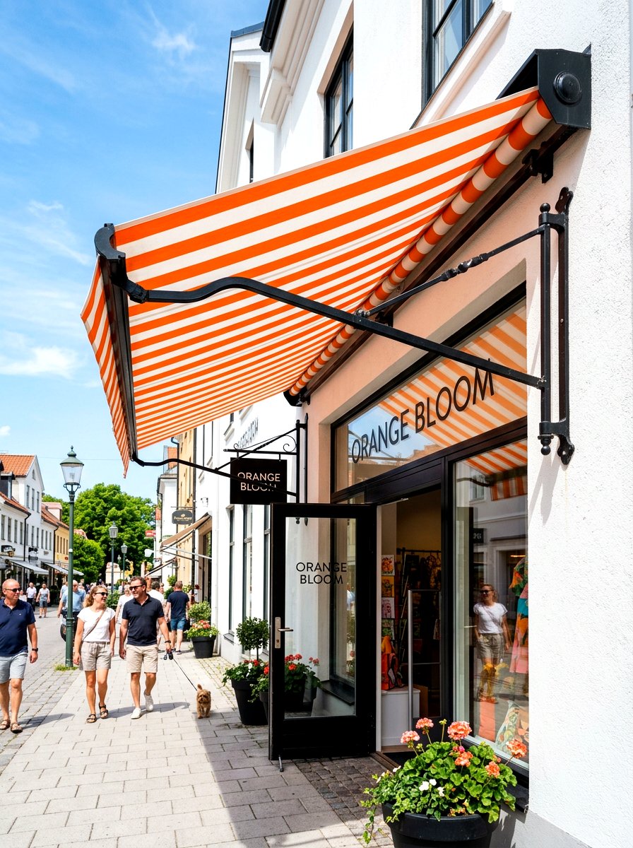 Bold Orange Striped Shopfront Awning - 30 scalloped awning ideas