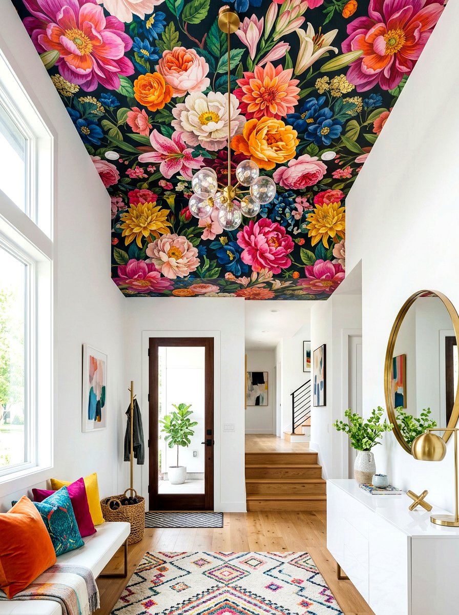 Bold Oversized Floral Entryway - 30 wallpapered foyer ceiling ideas
