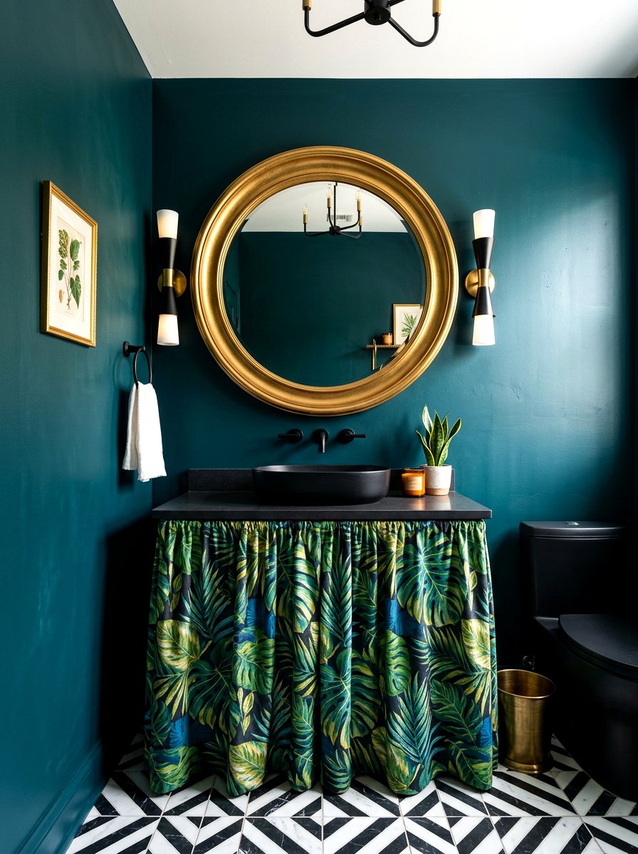 Bold Patterned Powder Room - 30 skirted vanity ideas