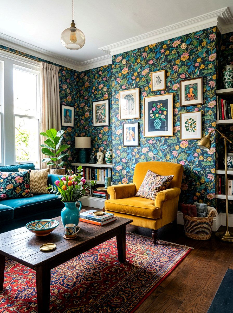 Bold Patterned Wallpaper - 30 playful maximalist living room ideas
