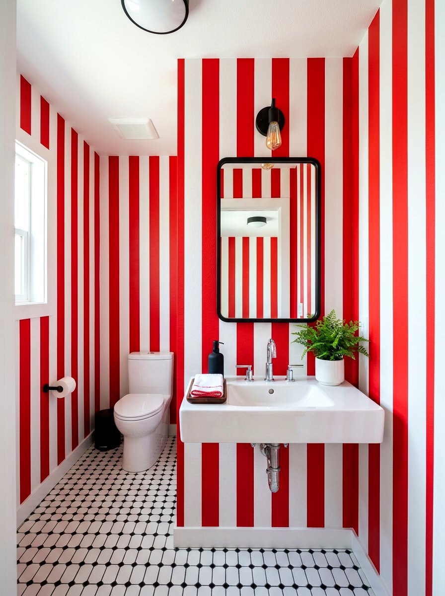 Bold Red And White Striped Bathroom - 30 striped bathroom wallpaper ideas