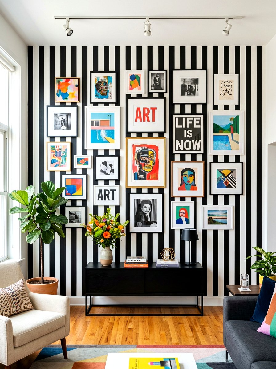 Bold Stripe Gallery Wall Backdrop - 30 circus stripe living room ideas