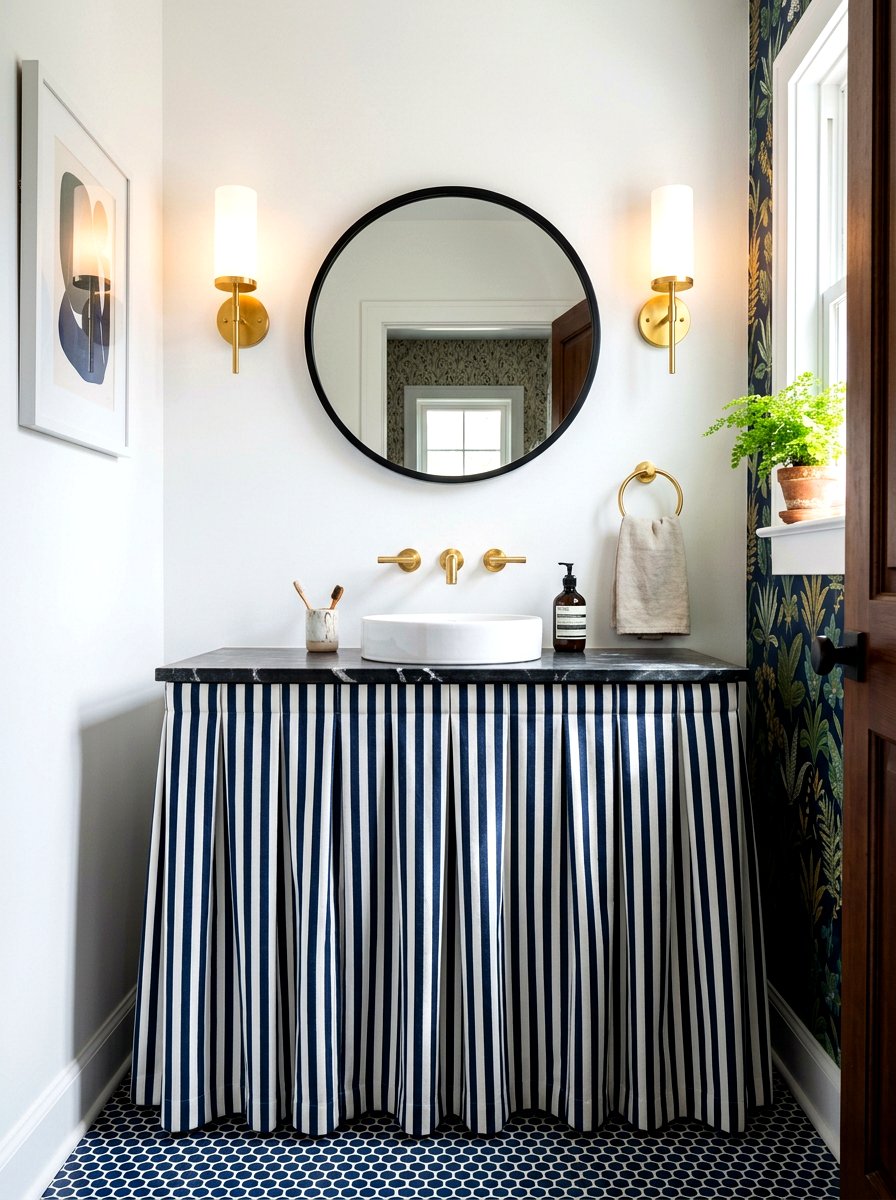 Bold Striped Skirted Vanity - 30 skirted powder room sink ideas
