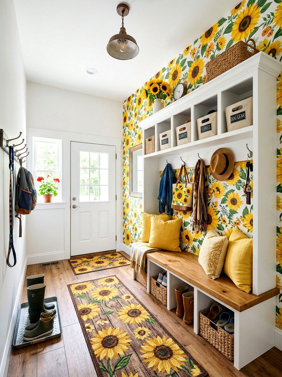 Bold Sunflower Mudroom Wallpaper - 30 spring floral wallpaper ideas