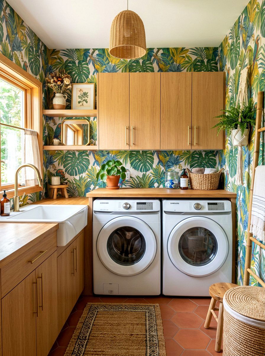 Bold Wallpapered Laundry Room - 30 side by side laundry ideas