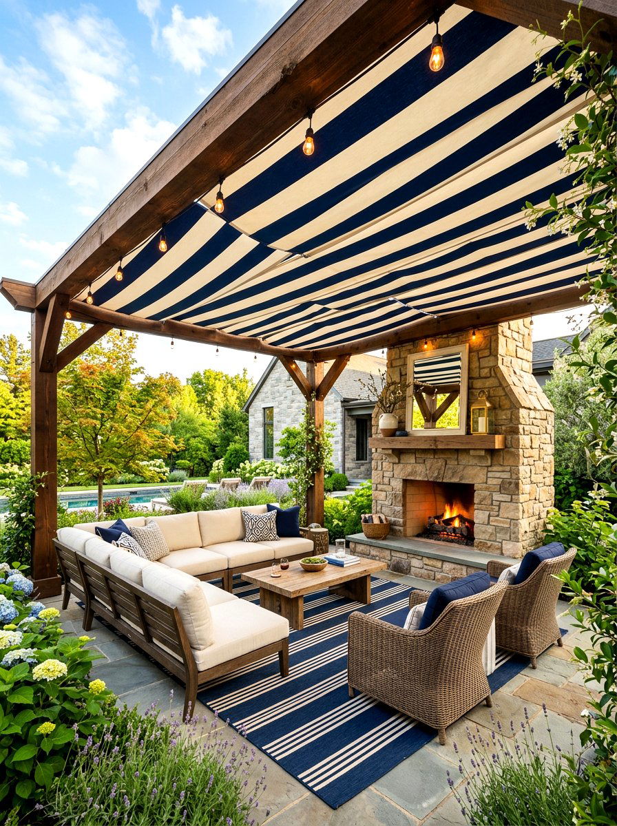 Bold Wide Stripe Outdoor Living Room - 30 striped cabana backyard ideas
