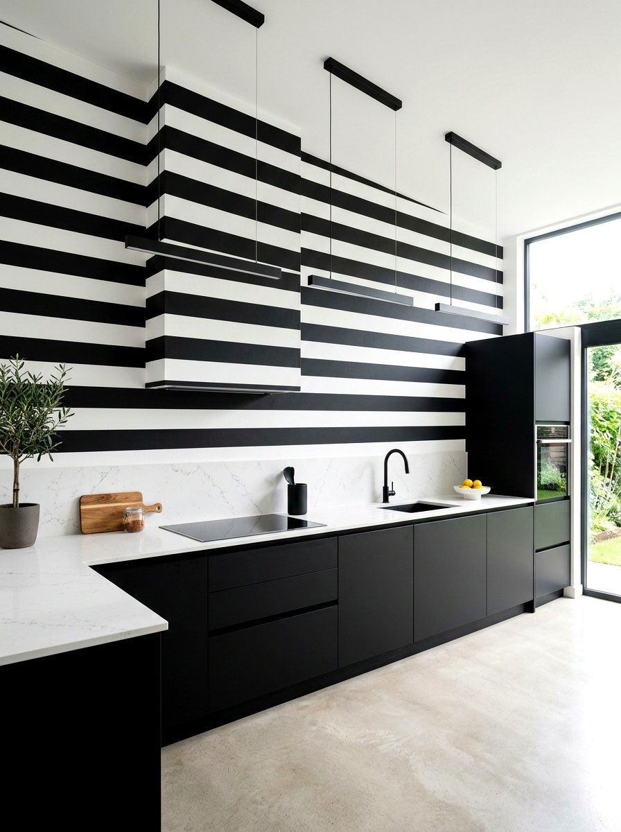Bold black and white striped kitchen - 30 striped kitchen wallpaper ideas