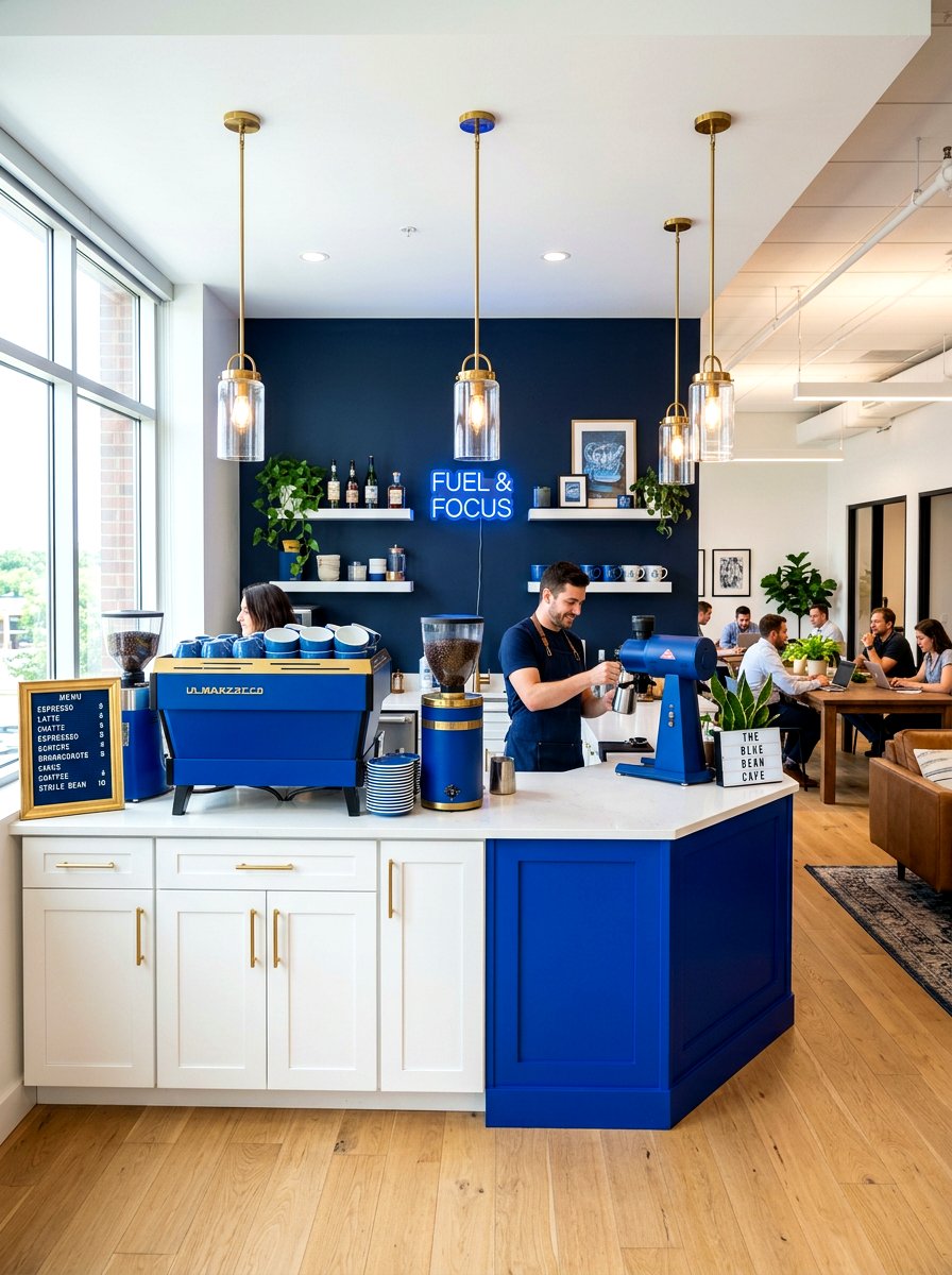 Bold blue accent coffee bar - 30 office coffee corner ideas