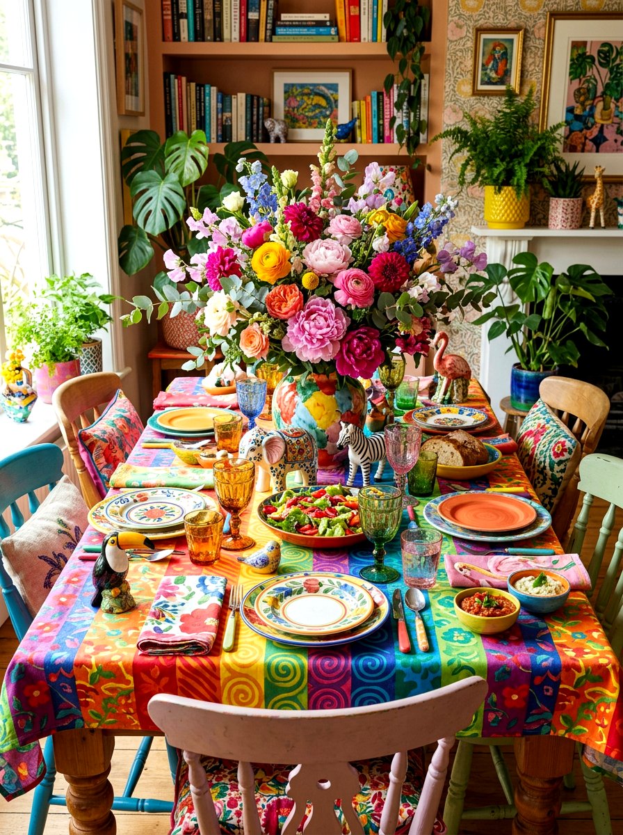 Bold colorful maximalist table - 30 dinner party table ideas aesthetic