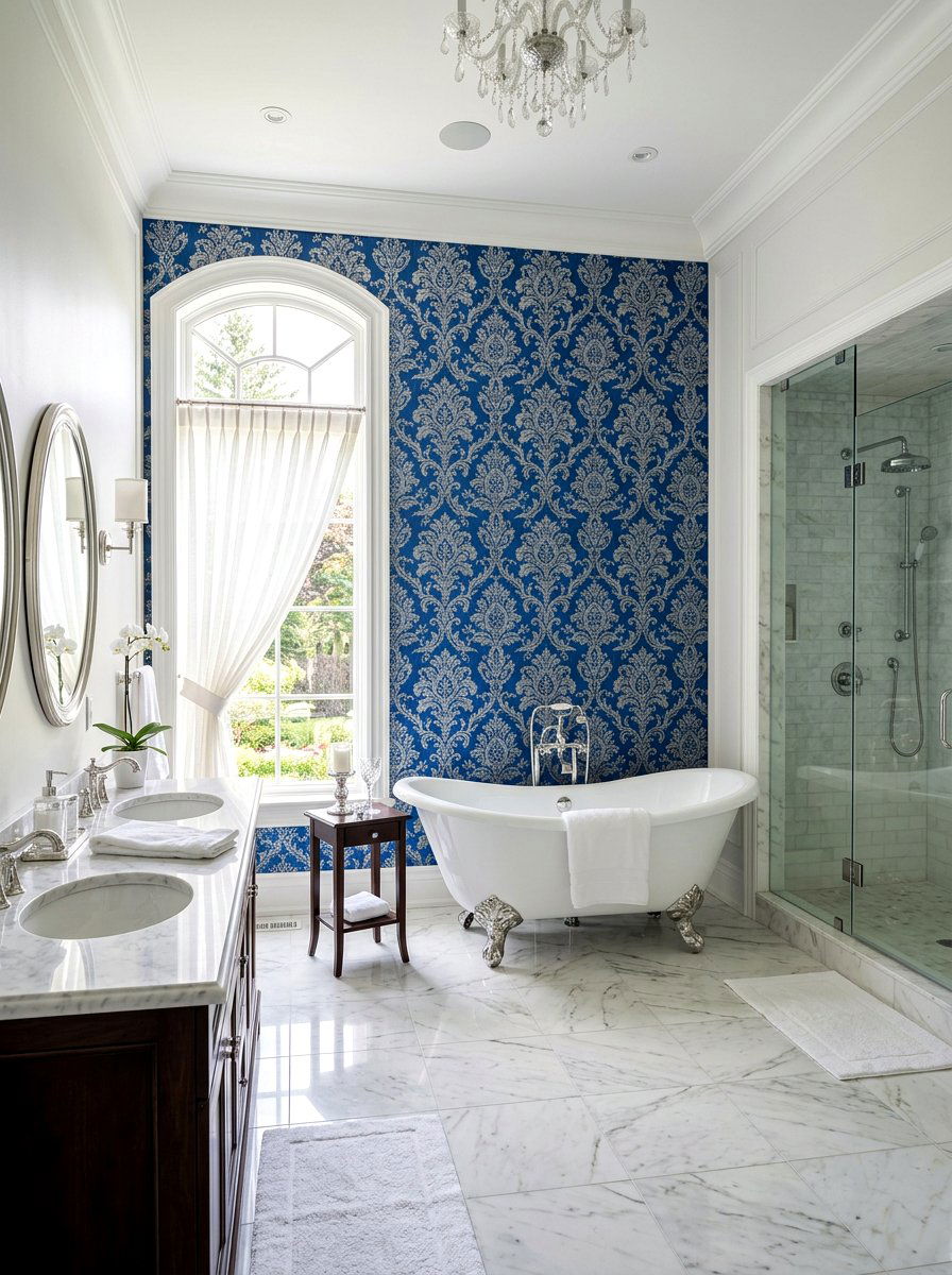 Bold damask wallpaper master bath - 30 wallpaper accent wall ideas