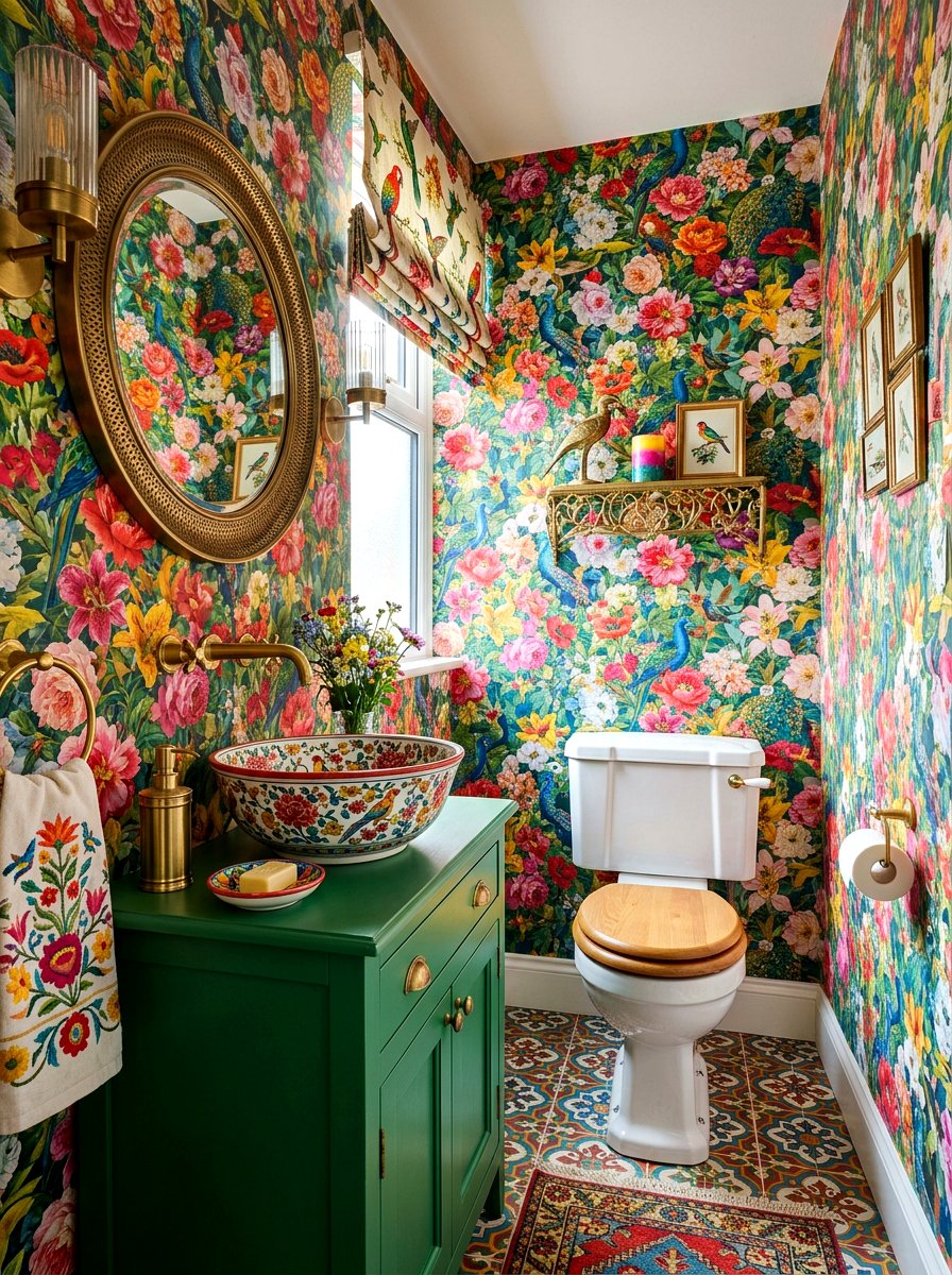 Bold maximalist floral wallpaper - 30 floral wallpaper powder room ideas
