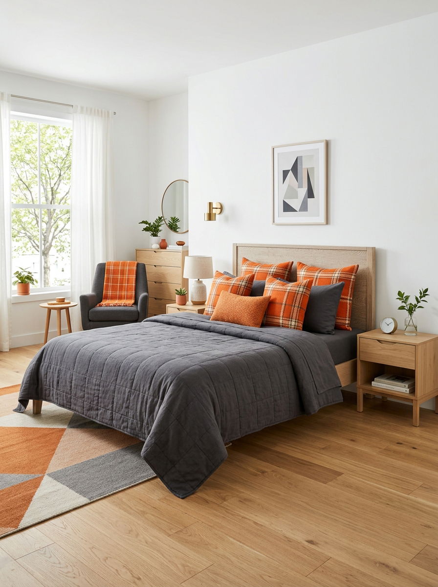Bold orange plaid decor - 30 plaid bedroom ideas