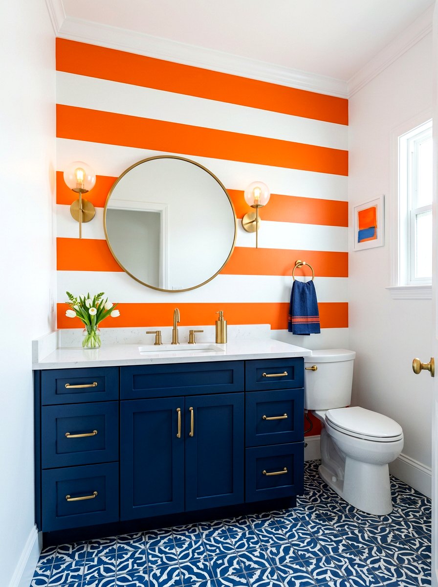 Bold orange striped accent wall - 30 striped powder room ideas