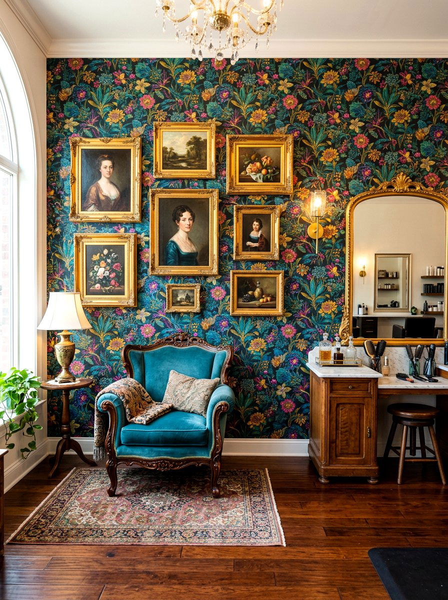 Bold patterned wallpaper backdrop - 30 salon wall entry ideas