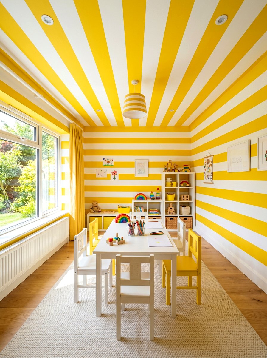 Bold yellow stripe playroom - 30 circus stripe kids room ideas