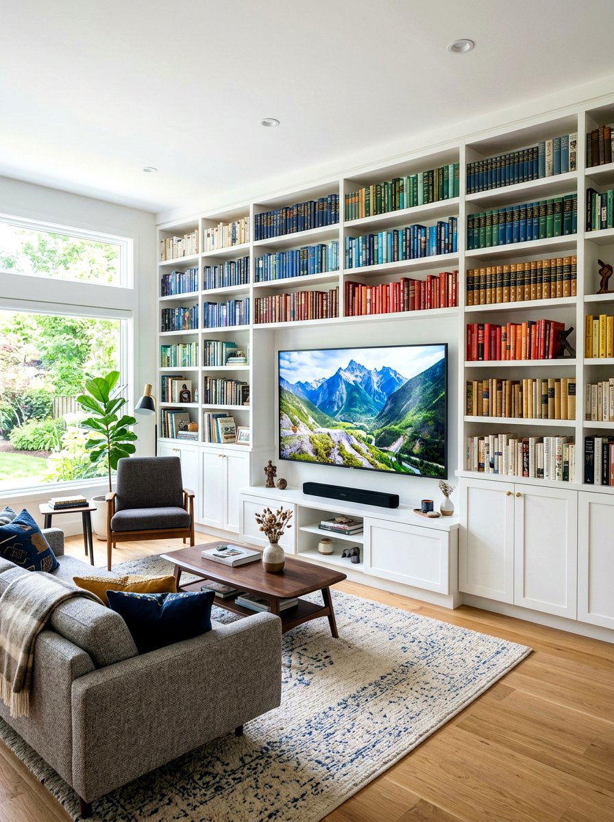 Book Wall With Integrated TV Space - 30 book wall living room ideas