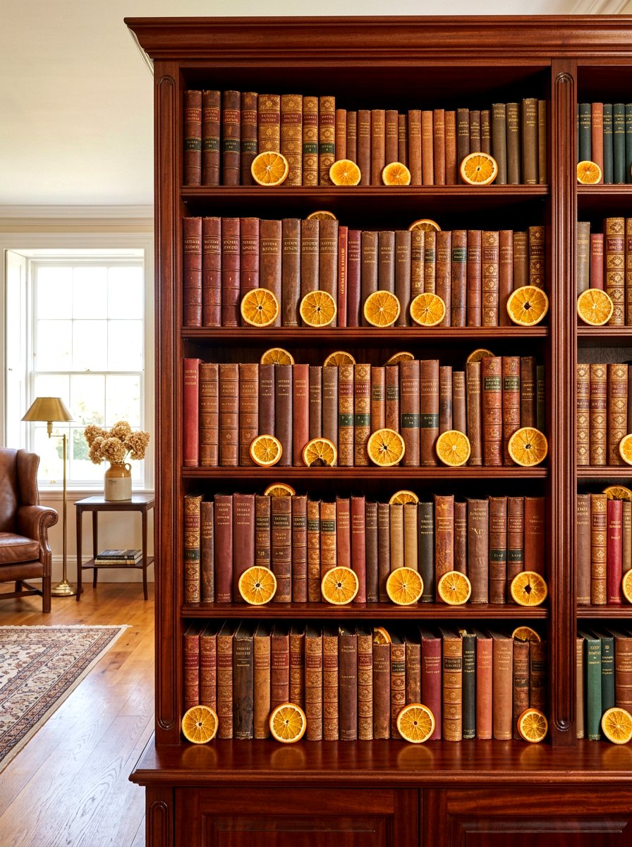 Bookcase Citrus Accent - 30 dried orange decor ideas