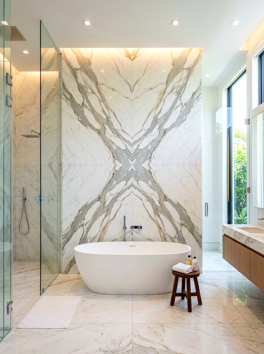 Bookmatched Marble Feature Wall Bathroom - 30 marble bathroom ideas