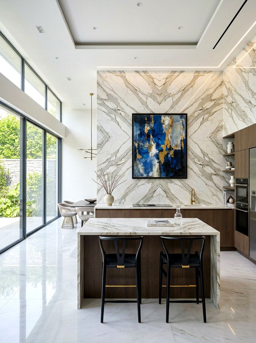 Bookmatched Marble Kitchen Wall - 30 full slab stone wall kitchen ideas
