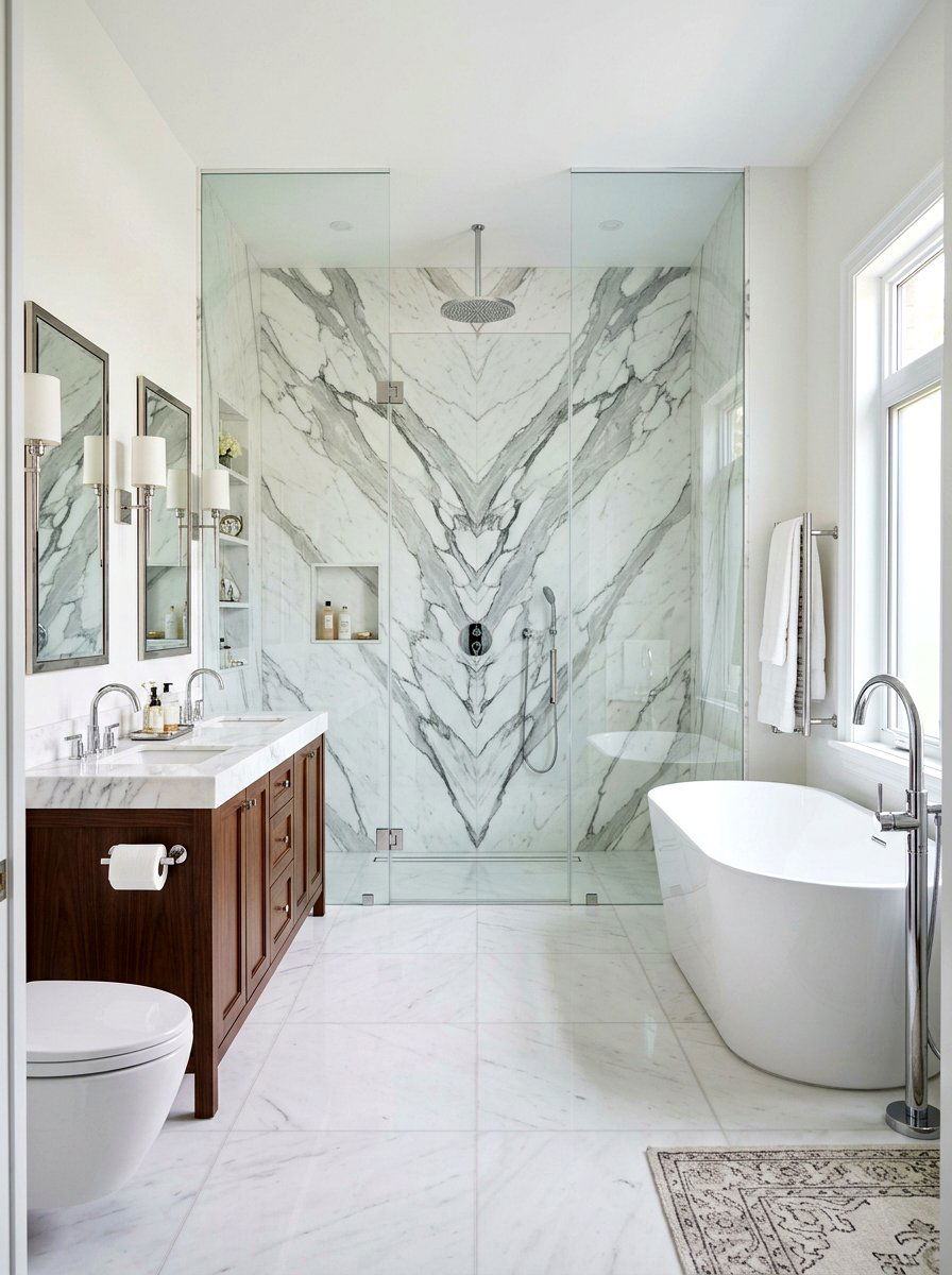 Bookmatched Marble Shower - 30 stone slab shower wall ideas
