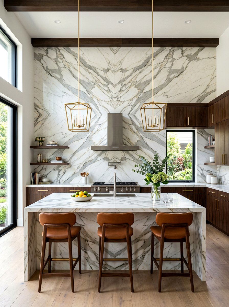 Bookmatched Stone Wall - 30 slab stone kitchen ideas