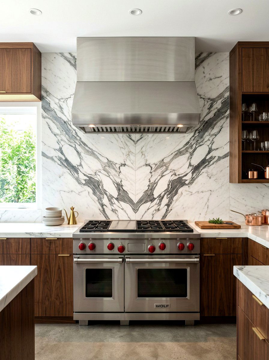 Bookmatched marble backsplash - 30 slab backsplash ideas