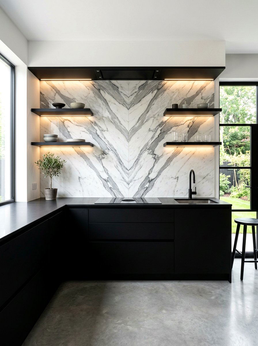 Bookmatched stone backsplash - 30 slab stone backsplash ideas