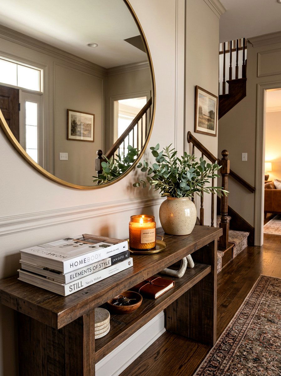 Books and candles styling - 30 foyer console styling ideas