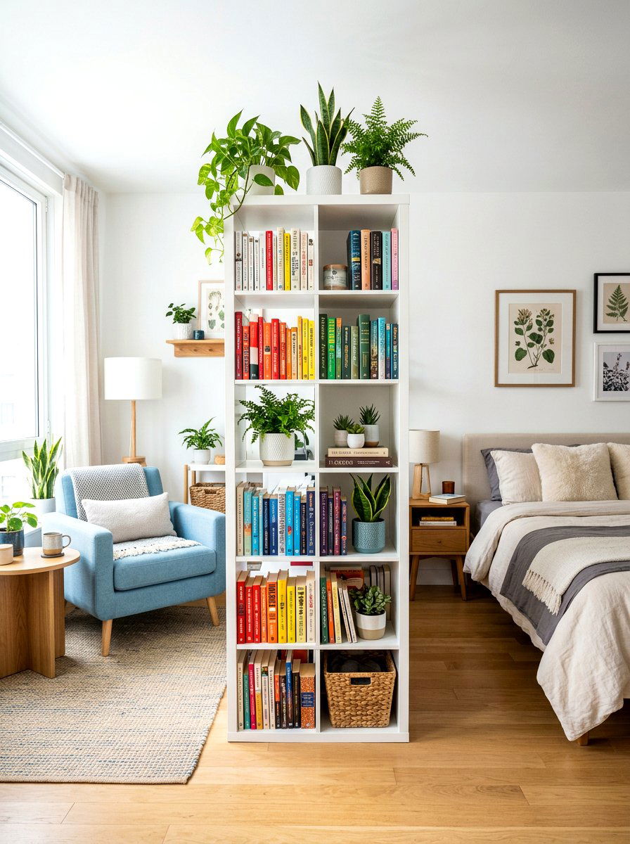 Bookshelf Room Divider Bed - 30 studio sleeping nook ideas