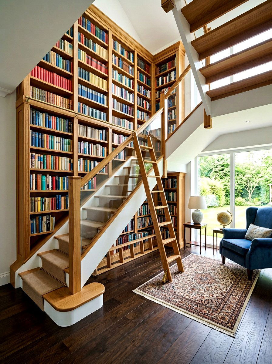 Bookshelf Stair Landing - 30 stair landing ideas