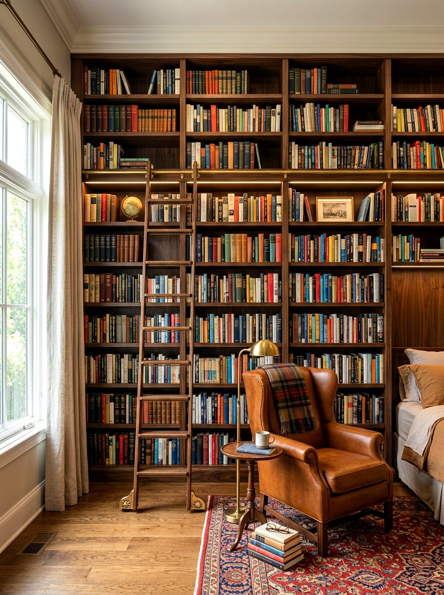 Bookshelf Wall Library - 30 phone free bedroom ideas