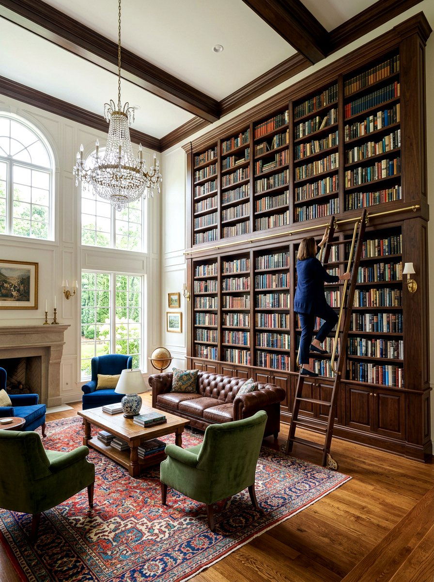 Bookshelf With Rolling Library Ladder - 30 book wall living room ideas