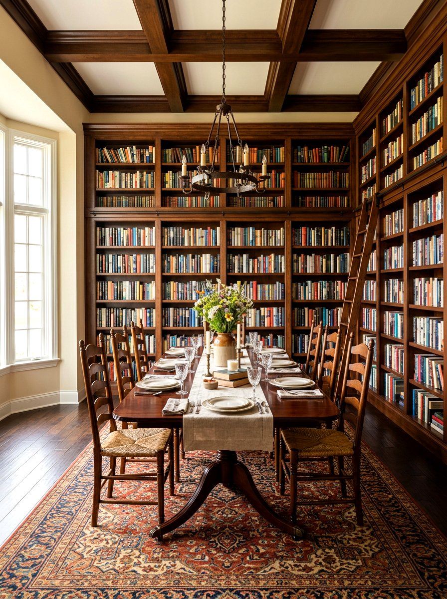 Bookshelf lined dining room - 30 Nancy Meyers dining room ideas
