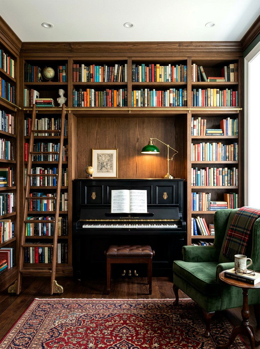 Bookshelf piano integration - 30 piano living room ideas