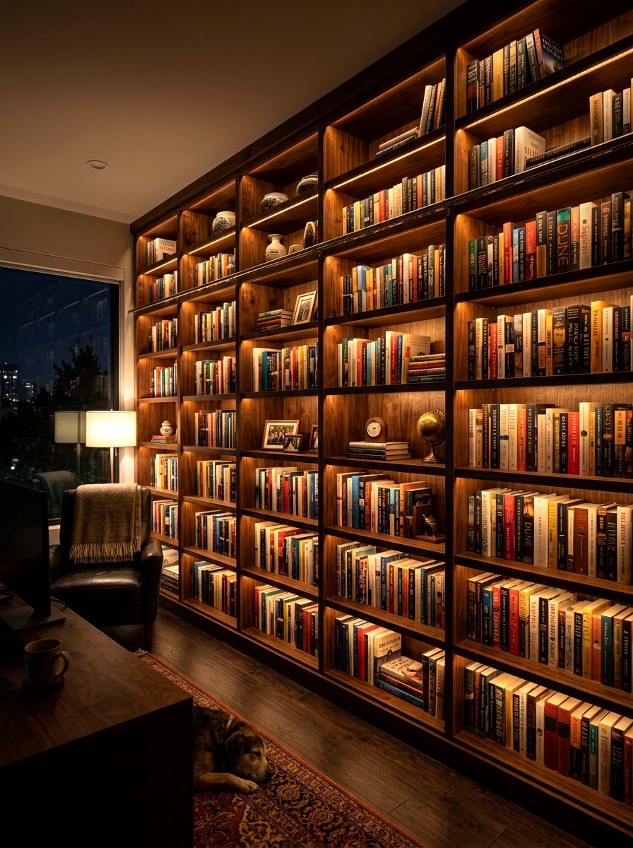 Bookshelf with integrated lighting - 30 office bookshelf styling ideas