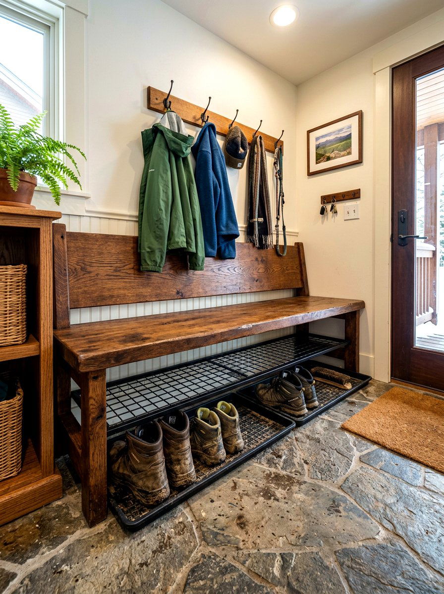 Boot tray mudroom benches - 30 sports gear mudroom ideas