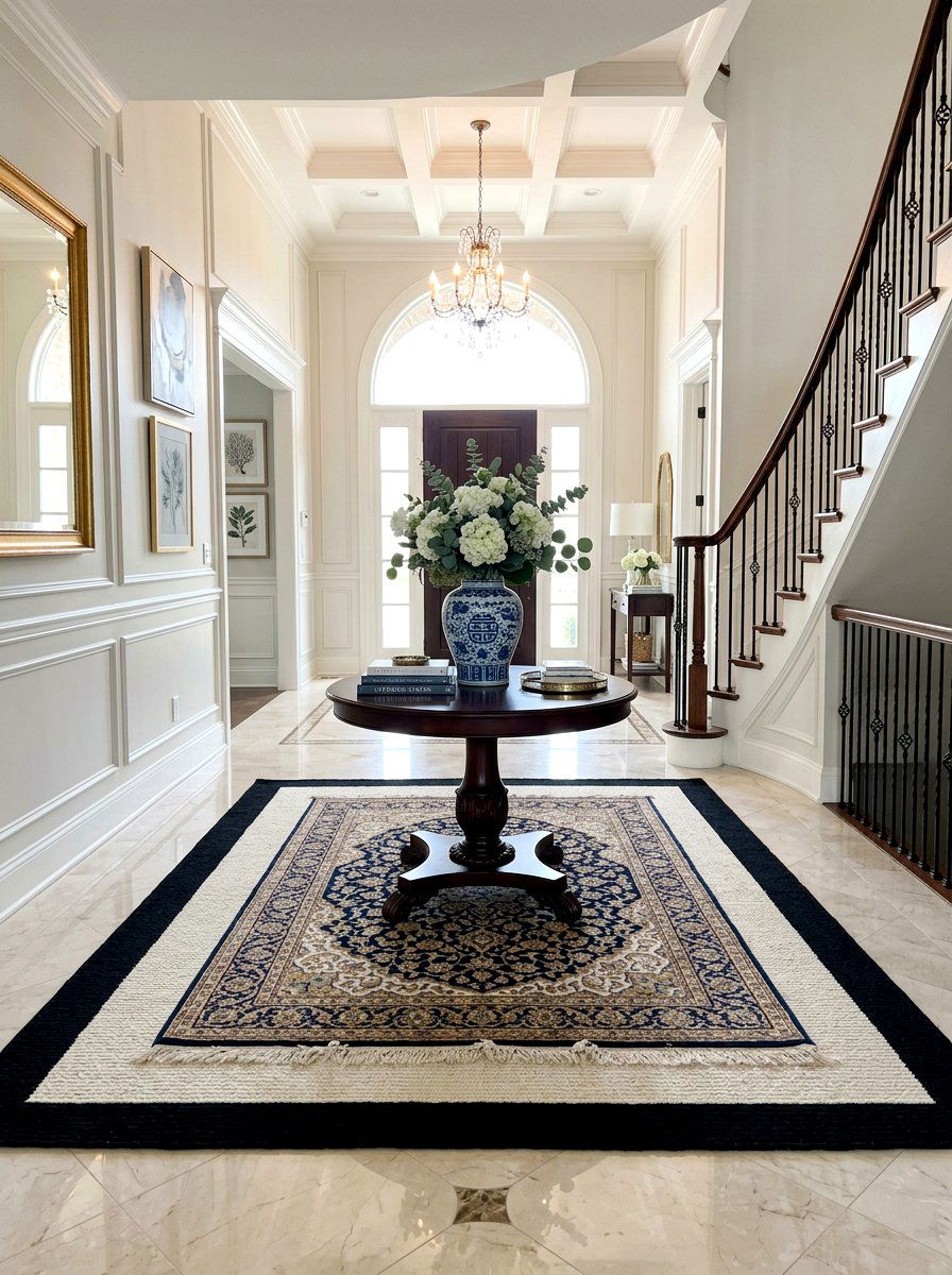 Bordered Entryway Rug With Inner Pattern - 30 entrance rug layering ideas