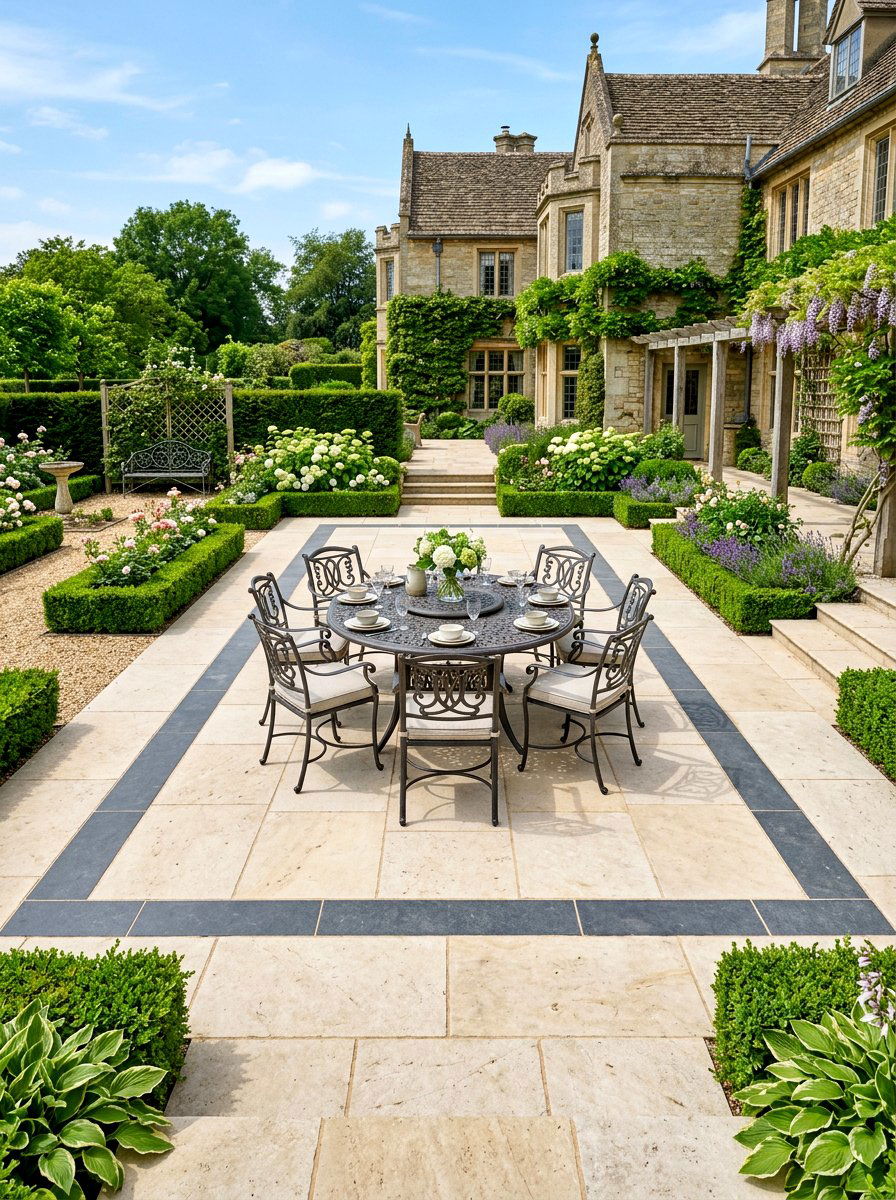 Bordered limestone patio layout - 30 limestone backyard patio ideas