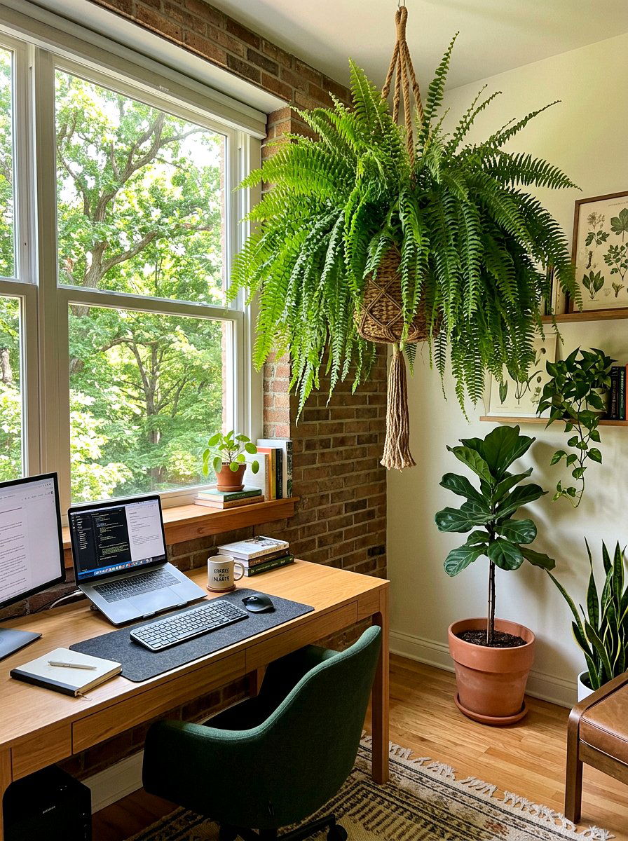Boston Fern In Hanging Baskets - 30 home office plant ideas