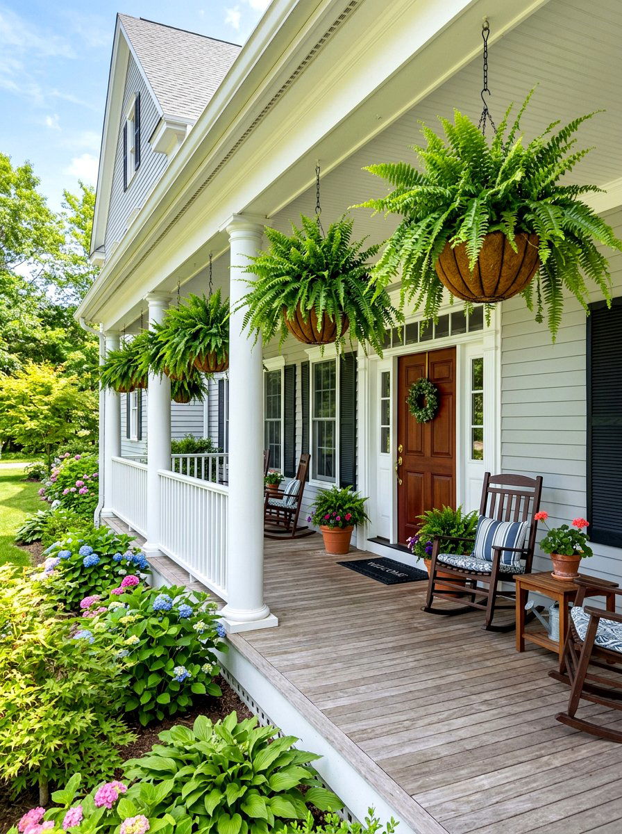 Boston ferns in hanging baskets - 30 fern front porch ideas