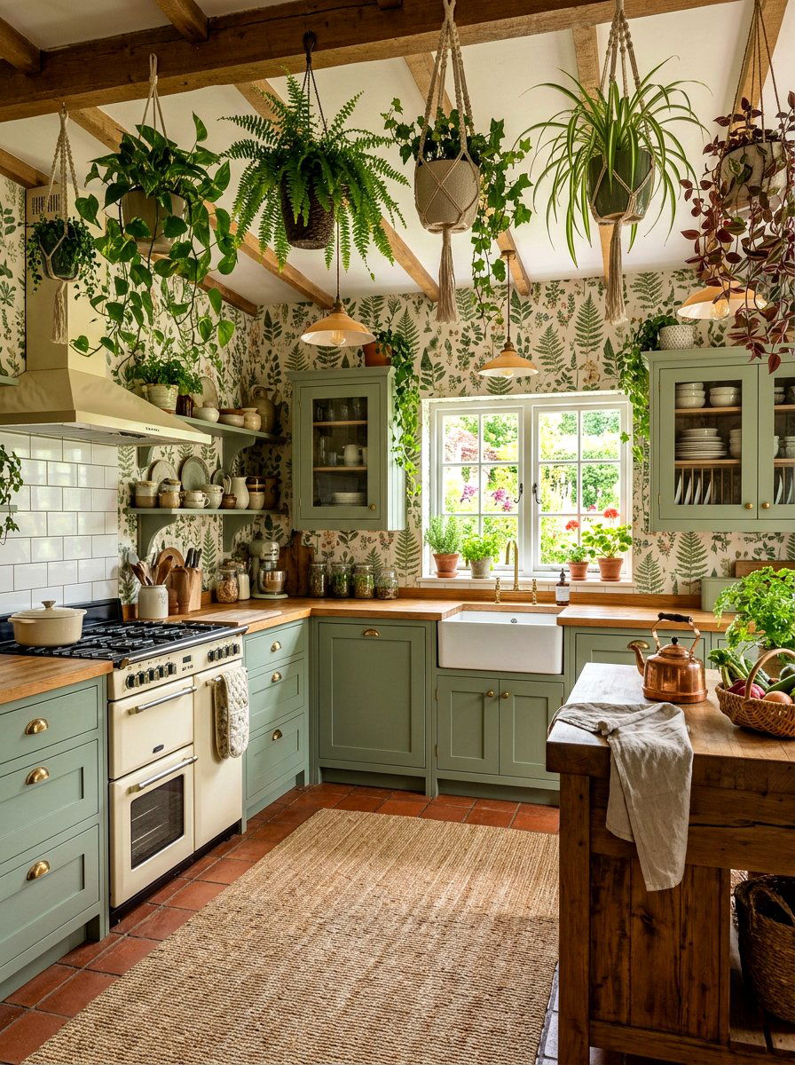 Botanical Green Kitchen - 30 small cottage kitchen ideas